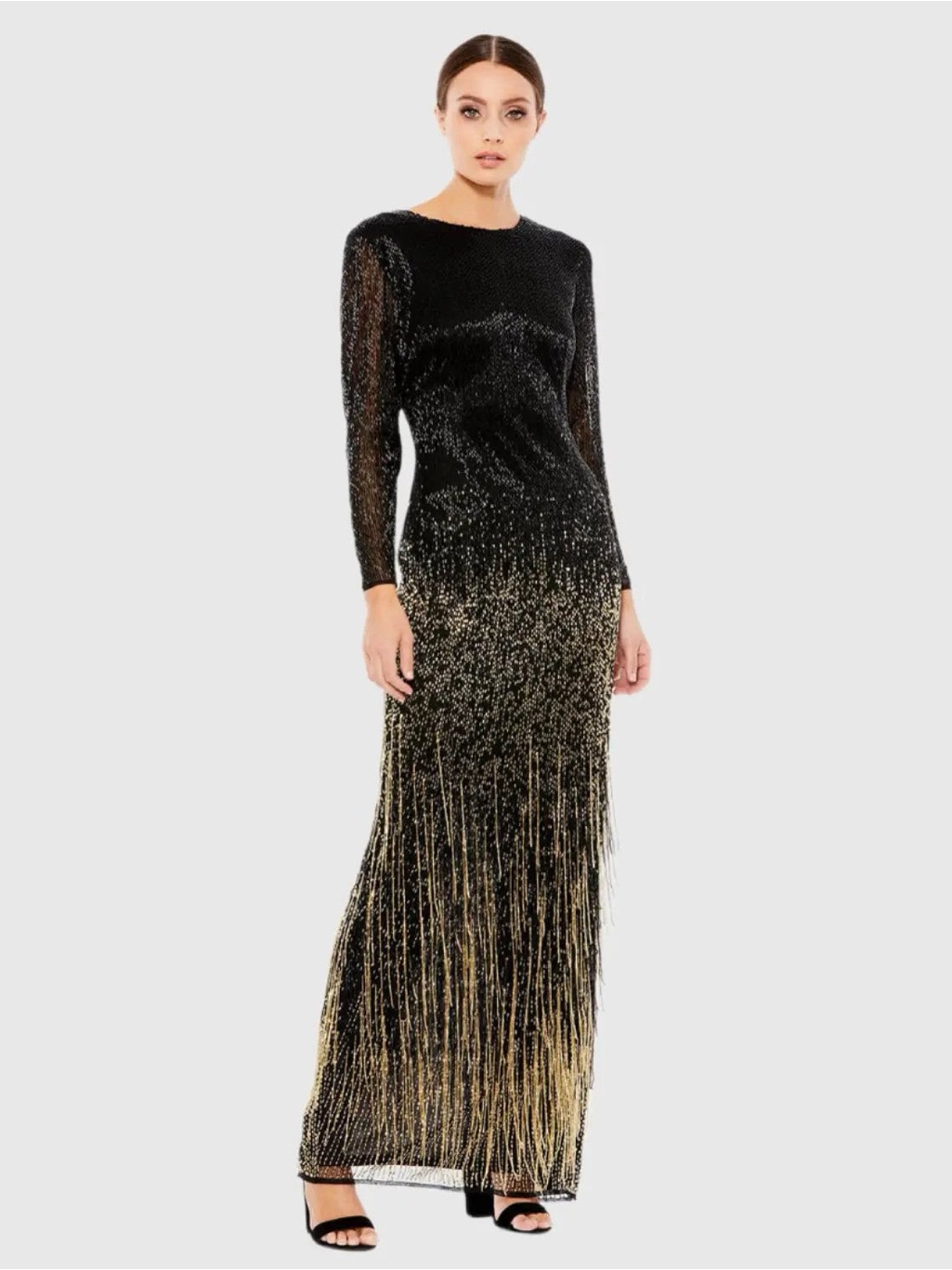 Mac Duggal 93584 Black Long Sleeve Beaded Fringe Evening Gown Size 4 Nwt